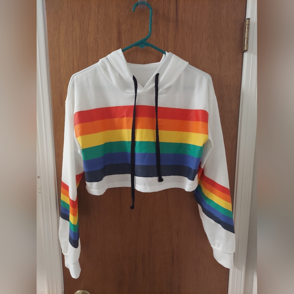 White, rainbow, crop top hoodie. Size S.
